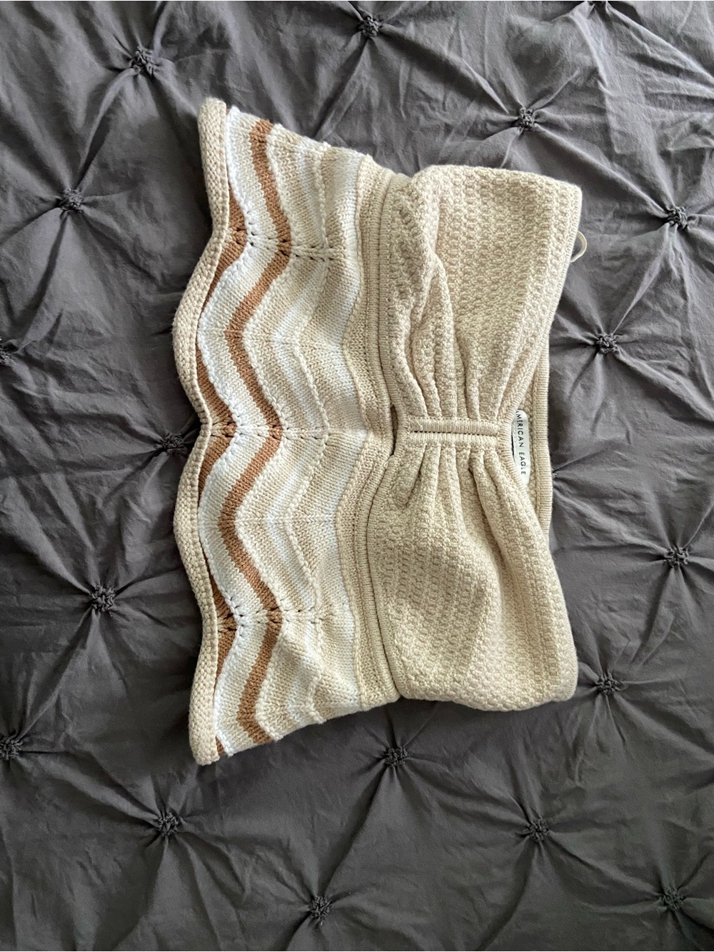 American Eagle Outfitters Cream Crochet Off-Shoulder Knit Top with Tan Stripes